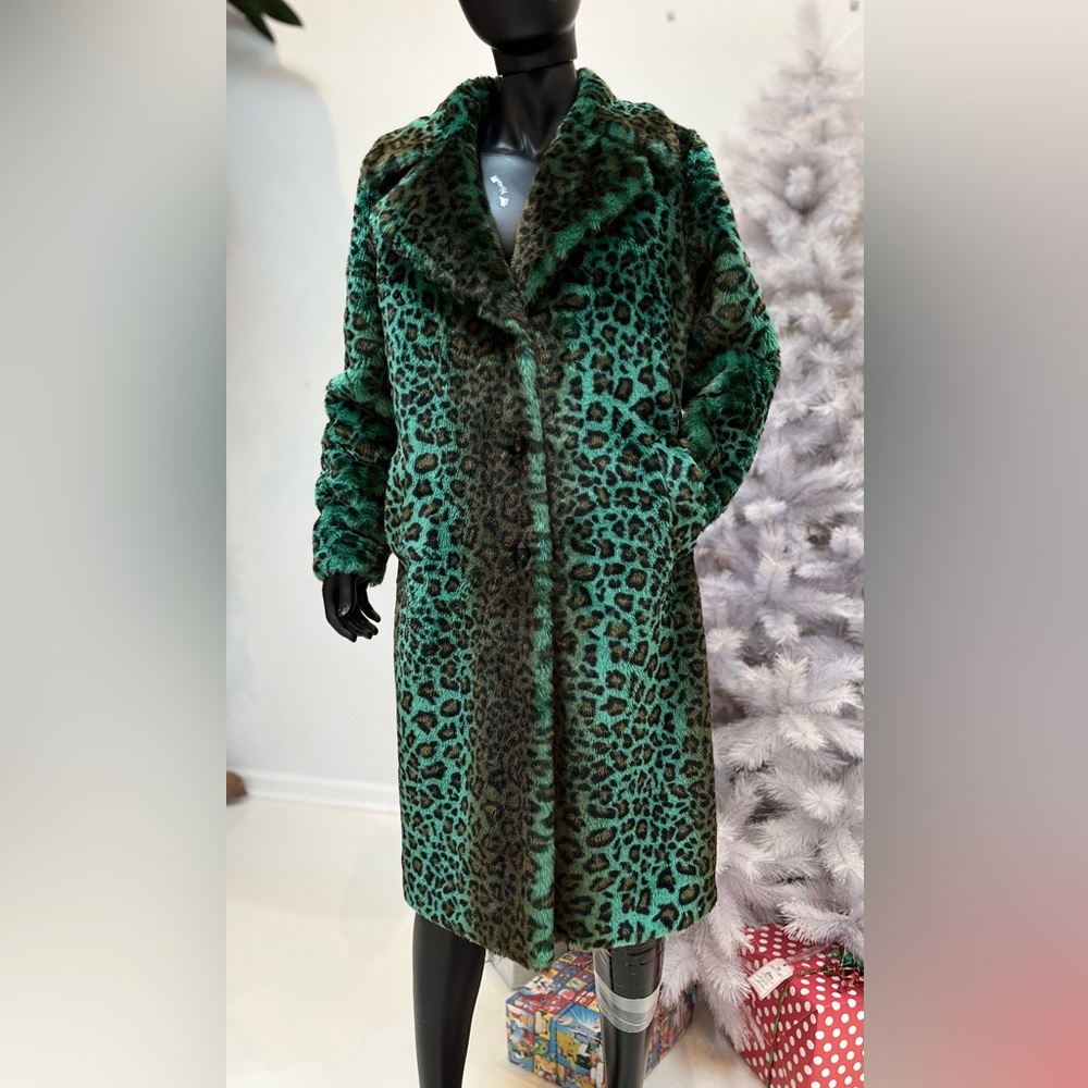 NWOT Stand Studio Green Leopard Faux Fur “Fanny” Coat 50” bust
